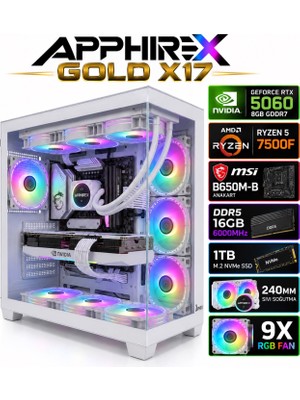 Apphirex Gold X17 Ryzen 5 7500F/MSİ B650M-B/GEFORCE RTX5060/16GB Ddr5 6000MHZ/1TB M.2/240MM Sıvı Soğutmalı Beyaz Masaüstü Oyuncu Bilgisayarı