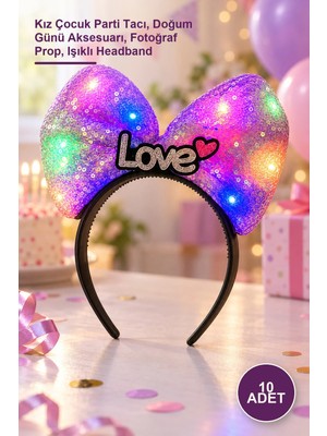 Yenilig 10 Adet LED Işıklı Love Yazılı Mor Fiyonk Taç – Kız Çocuk Parti Tacı, Doğum Günü Aksesuarı, Fotoğraf Prop, Işıklı Headband