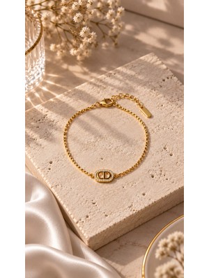 Yeline Aksesuar Gold Taşlı Çelik Bileklik