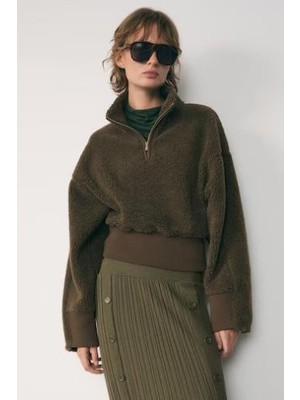 Madmext Haki Fermuar Yaka Kürklü Kadın Sweatshirt MG2261