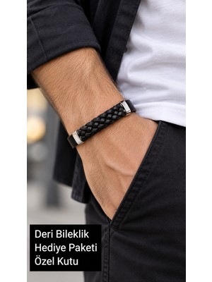 Herşey Nota Kerathis Shadowplait Siyah Deri Erkek Bileklik - Geniş Bant ve Kalın Örgü Detayı