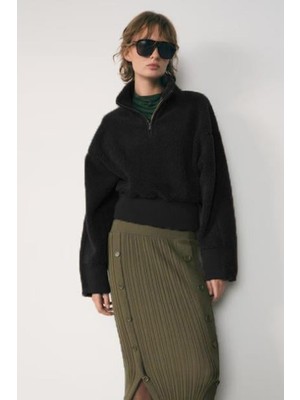 Madmext Siyah Fermuar Yaka Kürklü Kadın Sweatshirt MG2261