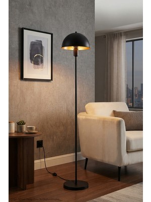 Modelight Roma Lambader - Modern Retro Siyah Metal Gövdeli Mantar Şapkalı Lambader- Salon, Yatak Odas, Çalışma Odası ve Ofis Köşe Aydınlatması