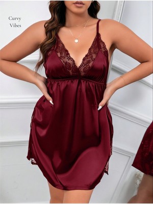 Intive Lingerie Curvy Vibes Bordo Yakası Dantelli Saten Yanları Yırtmaçlı Büyük Beden Gecelik (2xl/3xl)