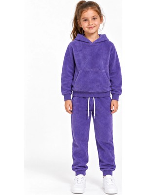 Rony Pony Kids Kız Çocuk Mor Kapşonlu Eşofman Takımı Kanguru Cepli Sweatshirt ve Jogger Alt 2’li Set
