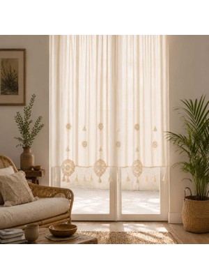 Ödel Buldan Buldan Keteni Naturel Dantel Aplikli, Püsküllü Mutfak, Yatak Odası ve Salon Perdesi