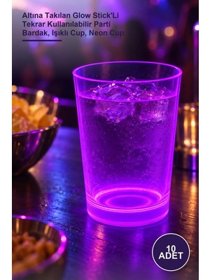 Yenilig 10 Adet Mor Işıklı Bardak – Altına Takılan Glow Stick'li Tekrar Kullanılabilir Parti Bardak, Işıklı Cup, Neon Cup