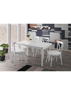 Sweet Home 4 Çapraz Sandalye ile Beyaz Sabit Masa 75 cm Yükseklik 70 cm Genişlik Modern Tasarım
