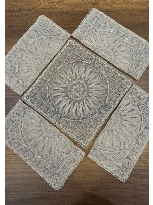 Goldroom Home Lüks Fransız Dantelli Salon Sehpa Takımı 7 Parça