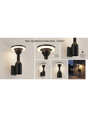 Avizen Lighting Project Siyah Alüminyum Gövde Dış Mekan Duvar Apliği 12W 3000K Günışığı Modern Bahçe Balkon Teras Aydınlatması