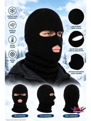 Axe Sportswear Unisex Siyah Kışlık Triko Örme Üç Gözlü Bere Olabilen Kar Maskesi Balaklava