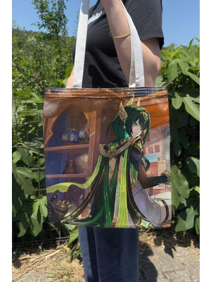 Zipzap Nefer Genshin Impact V2 Çift Taraflı Kanvas Baskı Bez Çanta Anime Çantası