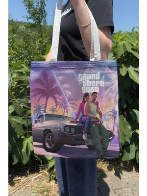 Zipzap Gta 6 V5 Çift Taraflı Kanvas Baskı Bez Çanta Bilgisayar Oyun Video Oyunu