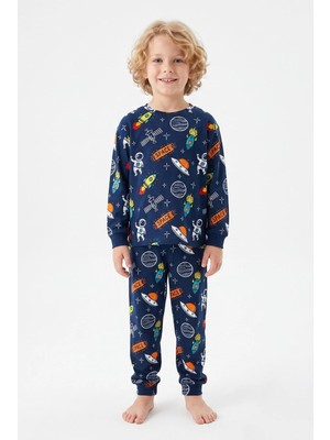 Bunny Hopp %100 Pamuk Interlok Kumaş Erkek Çocuk Pijama Takımı Lacivert Uzay Roket ve Gezegen Desenli
