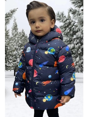 Erkek Çocuk Polarlı Kapüşonlu Gezegen Yıldız Desenli Kışlık Şişme Mont & Kaban & Parka