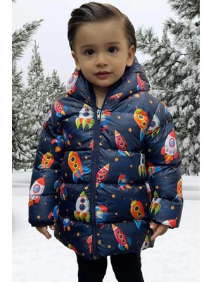 Freemen Erkek Çocuk Polarlı Kürklü Kapüşonlu Roket Desenli Kışlık Şişme Mont Kaban Parka DCM-109 Roket