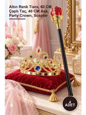 Yenilig 4 Adet Taşlı Prenses Tacı ve Kırmızı Kraliyet Asası – Altın Renk Tiara, 60 cm Çaplı Taç, 40 cm Asa, Party Crown, Scepter
