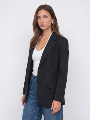 Dilvin 60829 Çizgili Kruvaze Blazer-Siyah