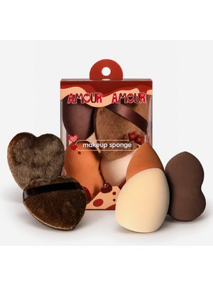 Amour Amour 5'li Makyaj Süngeri & Kalp Kadife Puf Seti (Çikolata Temalı)