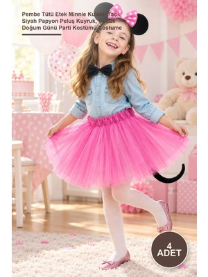 Yenilig 4 Adet Minnie Kostüm Seti – Pembe Tütü Etek Minnie Kulaklı Taç Siyah Papyon Peluş Kuyruk, Çocuk Doğum Günü Parti Kostümü Costume