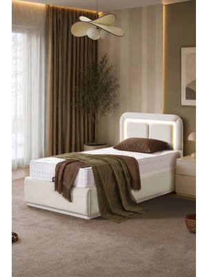 Setay Demonte Baza Seti, Nox Ledli Tek Kişilik Baza Başlık Maxi Yatak Seti, Krem - 100X200 cm