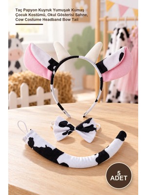 Yenilig 5 Adet Inek Kostüm Seti – Taç Papyon Kuyruk Yumuşak Kumaş Çocuk Kostümü, Okul Gösterisi Sahne, Cow Costume Headband Bow Tail
