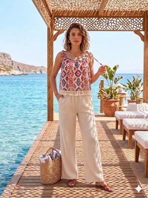 Pazen Moda Kadın Etnik Desenli Omuzdan Bağlamalı Ip Askılı Bluz