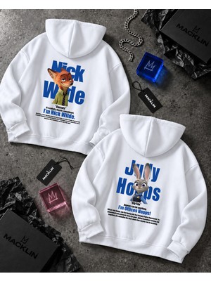 Macklin Sevgili - Arkadaş Çift Kombini Zootopia Nick And Judy Sırt Baskılı Özel Tasarım Kapüşonlu Sweatshirt 2li Takım