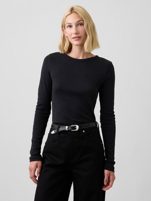 Gap Kadın Siyah Modern Fitilli Bisiklet Yaka T-Shirt