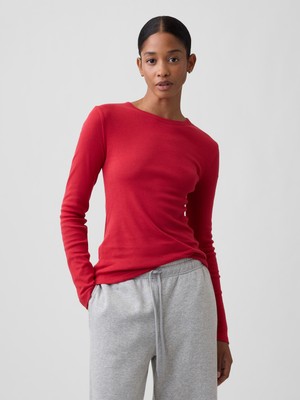 Gap Kadın Kırmızı Modern Fitilli Bisiklet Yaka T-Shirt