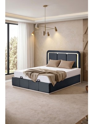 Setay Demonte Baza Seti, Nox Ledli Çift Kişilik Baza Başlık Seti - Ikili Set, Antrasit - 160X200 cm