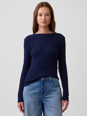 Gap Kadın Lacivert Modern Fitilli Bisiklet Yaka T-Shirt