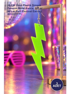 Yenilig 3 Adet Retro Neon Yeşil Şimşek Küpe – 10 cm Uzun Plastik Şimşek Tasarım Metal Kanca, 80'ler 90'lar Parti Festival Earring