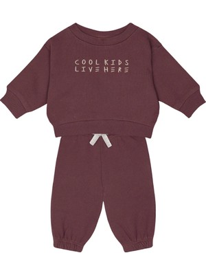 Antebies %100 Pamuk Kumaştan Üretilmiş, Cool Kids Nakışlı, Omuzdan Çıtçıtlı, Raglan Kollu, Uzun Kollu Bebek Sweatshirtü, Bel Lastikli Bağcıklı Pantolon Takımı