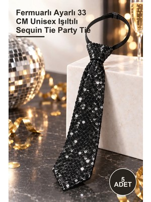 Yenilig 5 Adet Siyah Payetli Parti Kravatı – Fermuarlı Ayarlı 33 cm Unisex Işıltılı Sequin Tie Party Tie