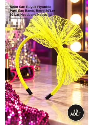 Yenilig 10 Adet Dantel Taç – Neon Sarı Büyük Fiyonklu Parti Saç Bandı, Retro 80'ler 90'lar Headband Hairband