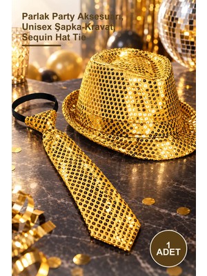 Yenilig 1 Adet Altın Payetli Şapka ve Kravat Seti – Parlak Party Aksesuarı, Unisex Şapka-Kravat, Sequin Hat Tie