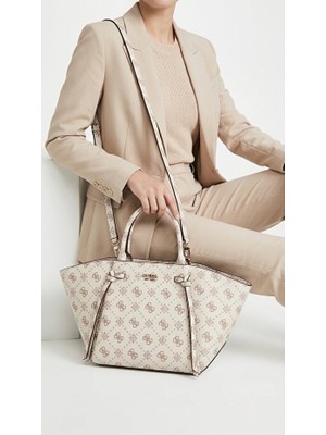 Guess Kadın Tote Çanta Monogram Desenli Çift Saplı Uzun Askılı Günlük El ve Omuz Çantası
