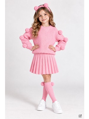 Cansın Mini Pembe Kız Çocuk Ponpon Çoraplı Bandanalı Triko Kazaklı Etekli 4 Lü Takım 24946