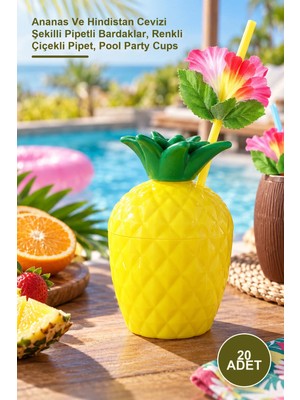 Yenilig 20 Adet Tropikal Parti Bardak Seti – Ananas ve Hindistan Cevizi Şekilli Pipetli Bardaklar, Renkli Çiçekli Pipet, Pool Party Cups