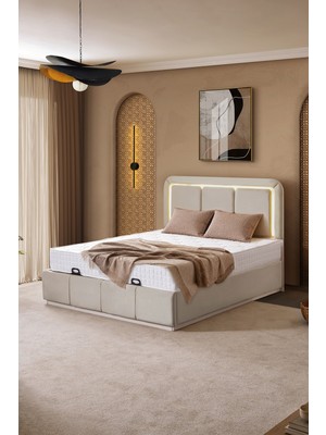 Setay Demonte Baza Seti, Nox Ledli Çift Kişilik Baza Başlık Seti - Ikili Set, Bej - 160X200 cm