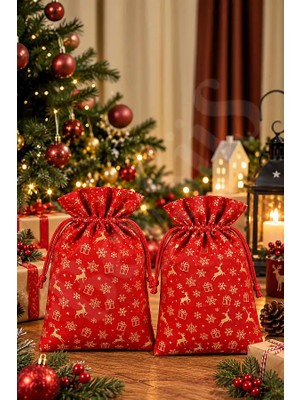 BeySüS Yılbaşı Kırmızı Gold Geyik ve Kar Tanesi Desenli Hediye Kesesi 2’li Set - 20X30 cm