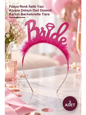 Yenilig 3 Adet Bekarlığa Veda Bride Taç – Fuşya Renk Italik Yazı Alyans Detaylı Deri Desenli Karton Bachelorette Tiara