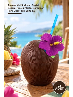Yenilig 24 Adet Tropikal Kokteyl Bardak Seti – Ananas ve Hindistan Cevizi Desenli Pipetli Plastik Bardaklar, Parti Cups, Tiki Sunumu