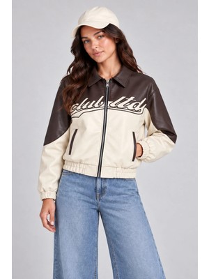 Maisonrae Kadın Krem, Içi Kürklü, Çift Renkli, Yazı Detaylı,oversize Suni Deri Bomber Ceket