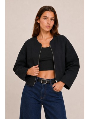 Maisonrae Kadın Siyah, Astarlı, Crop Boy, Fermuar Detaylı, Balon Kol, Oversize Mevsimlik Ceket