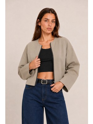 Maisonrae Kadın Bej, Astarlı, Crop Boy, Fermuar Detaylı, Balon Kol, Oversize Mevsimlik Ceket