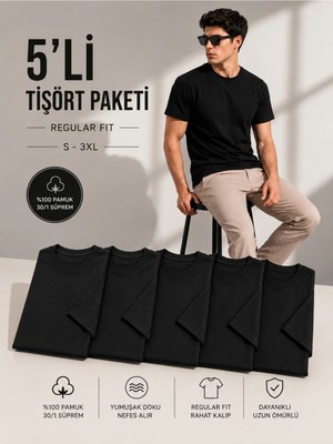 Maisonrae Erkek 5'li Basic Regular Fit Tişört Seti %100 Pamuk Bisiklet Yaka Siyah Renk
