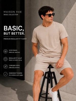 Maisonrae Erkek Tişört Bej Regular Fit Bisiklet Yaka Pamuklu 30/1 Süprem Kumaş