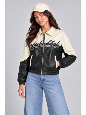 Maisonrae Kadın Siyah, Içi Kürklü, Çift Renkli, Yazı Detaylı,oversize Suni Deri Bomber Ceket